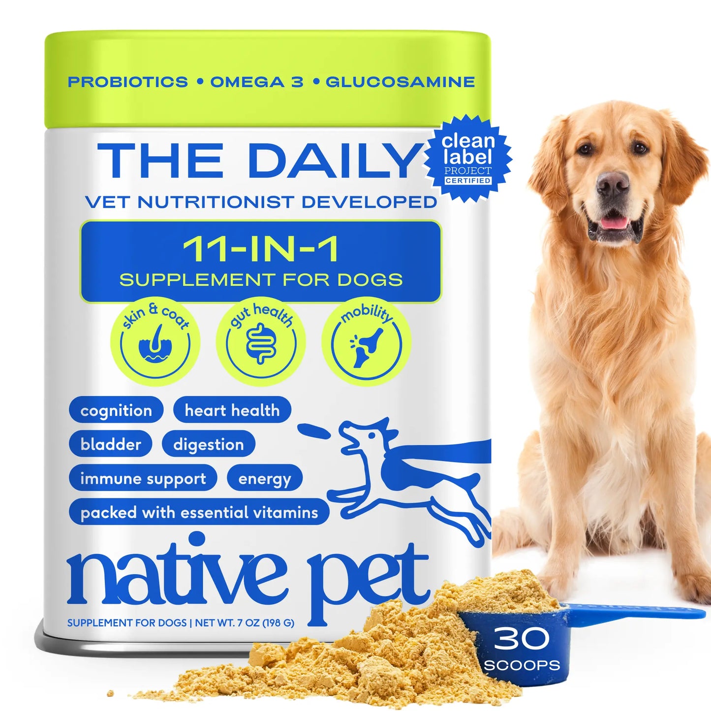 Native Pet the Daily Dog Vitamins & Supplements - 11-In-1 Vitamin Powder for Dog Food Topper - Collagen, Glucosamine, Probiotics, Omega & More- Supports Healthy Gut, Mobility & Overall Health