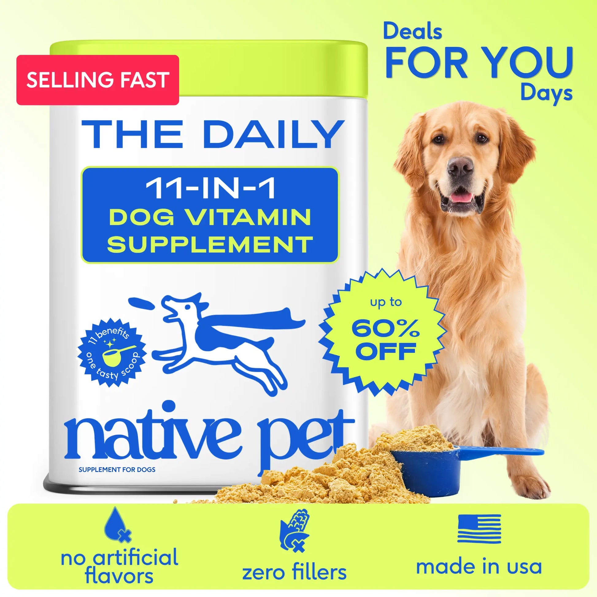 Native Pet the Daily Dog Vitamins & Supplements - 11-In-1 Vitamin Powder for Dog Food Topper - Collagen, Glucosamine, Probiotics, Omega & More- Supports Healthy Gut, Mobility & Overall Health