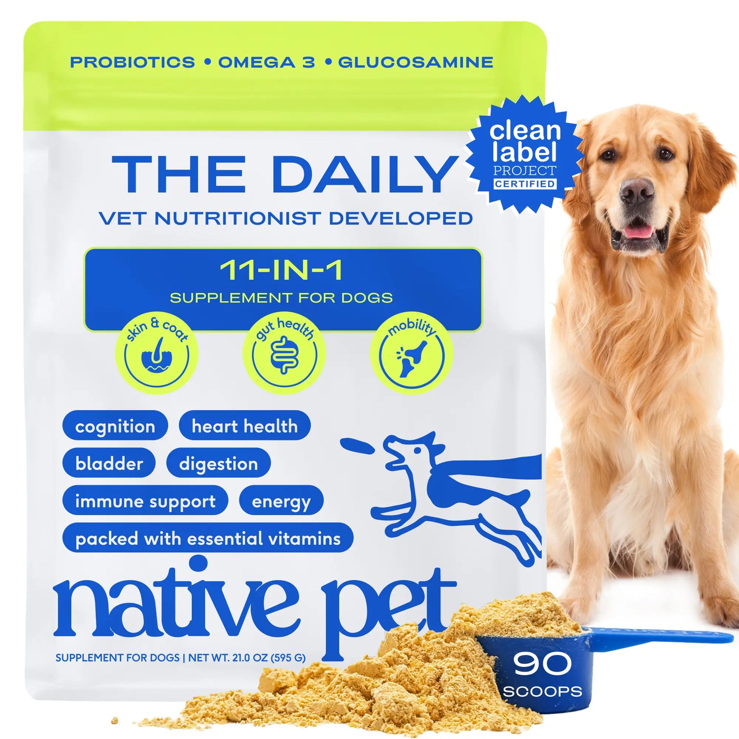Native Pet the Daily Dog Vitamins & Supplements - 11-In-1 Vitamin Powder for Dog Food Topper - Collagen, Glucosamine, Probiotics, Omega & More- Supports Healthy Gut, Mobility & Overall Health
