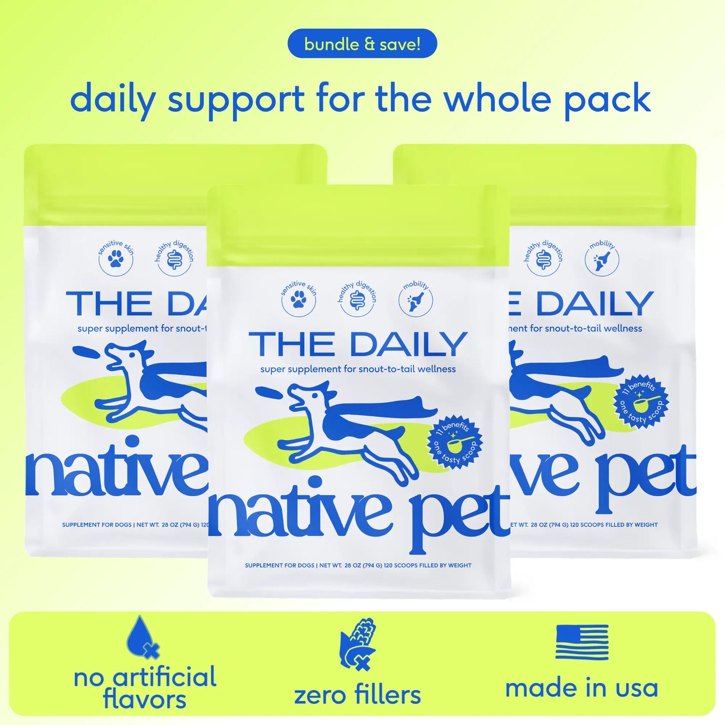 Native Pet the Daily Dog Vitamins & Supplements - 11-In-1 Vitamin Powder for Dog Food Topper - Collagen, Glucosamine, Probiotics, Omega & More- Supports Healthy Gut, Mobility & Overall Health
