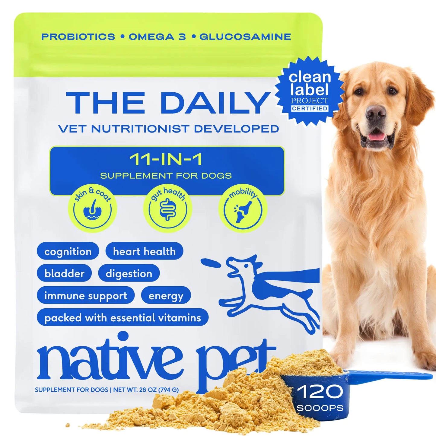 Native Pet the Daily Dog Vitamins & Supplements - 11-In-1 Vitamin Powder for Dog Food Topper - Collagen, Glucosamine, Probiotics, Omega & More- Supports Healthy Gut, Mobility & Overall Health