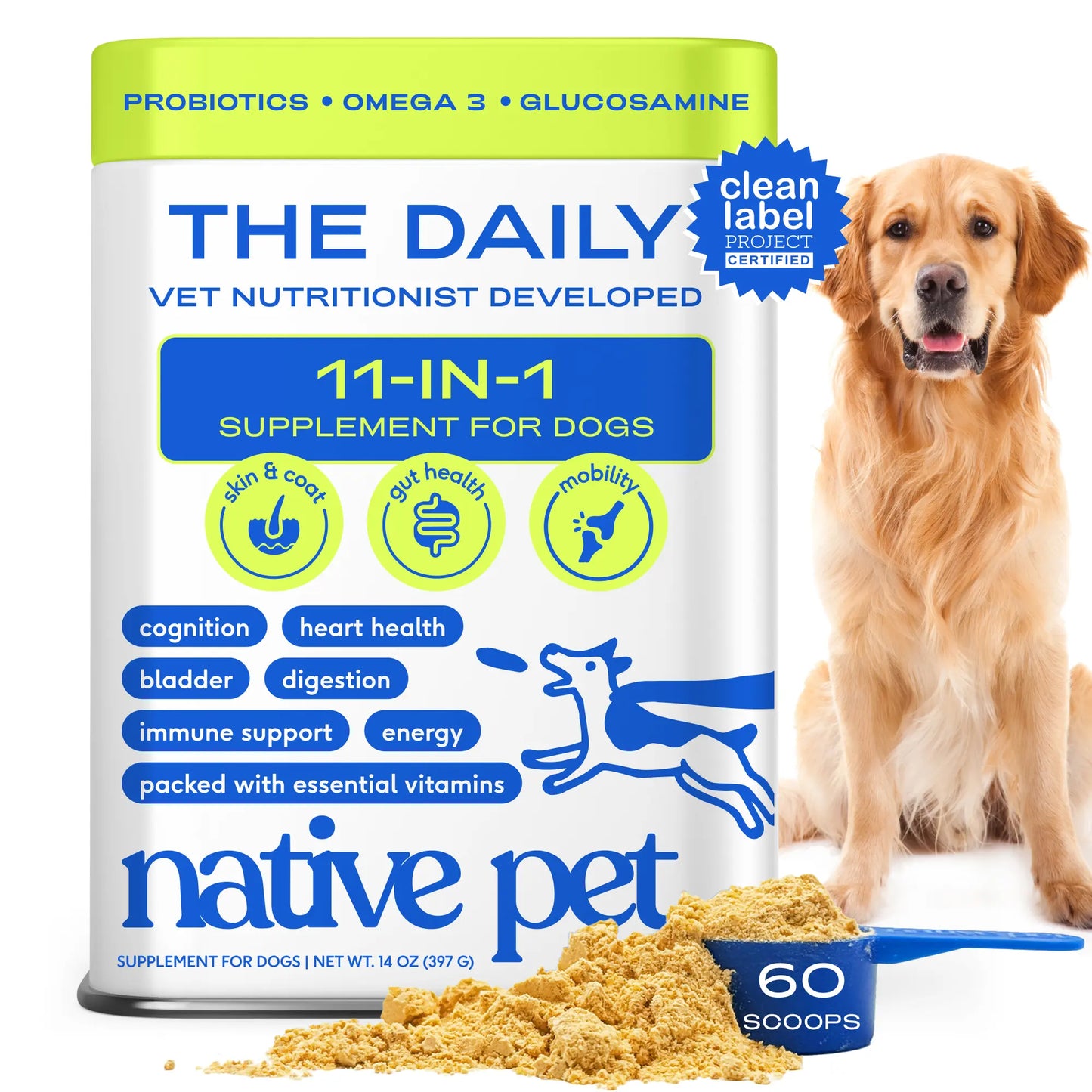 Native Pet the Daily Dog Vitamins & Supplements - 11-In-1 Vitamin Powder for Dog Food Topper - Collagen, Glucosamine, Probiotics, Omega & More- Supports Healthy Gut, Mobility & Overall Health