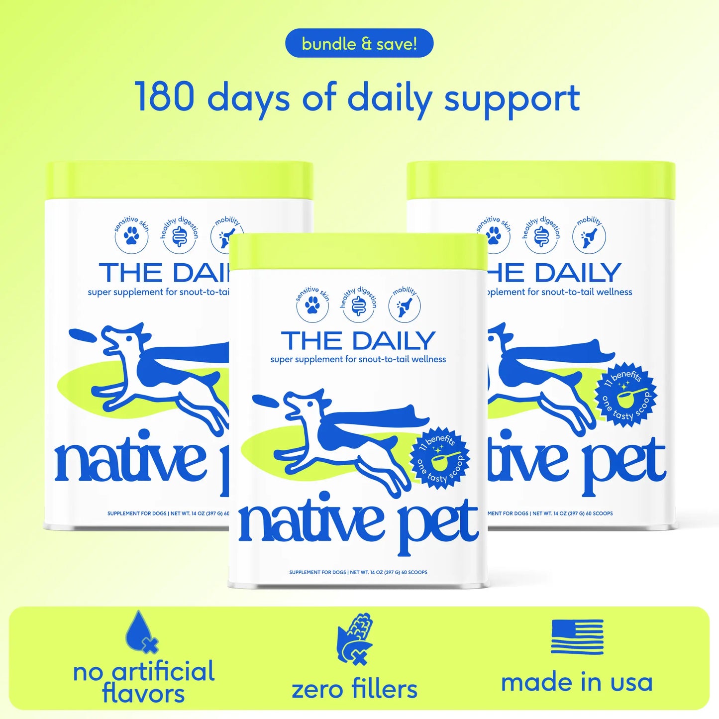 Native Pet the Daily Dog Vitamins & Supplements - 11-In-1 Vitamin Powder for Dog Food Topper - Collagen, Glucosamine, Probiotics, Omega & More- Supports Healthy Gut, Mobility & Overall Health